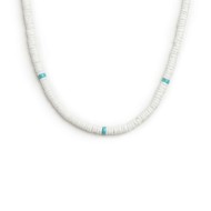 S.S. NECKLACE WHITE PUKA SHELL AND TURQU S.steel necklace box rounded chain 0,60 mm width with white puka shell beads 5,30/5,60