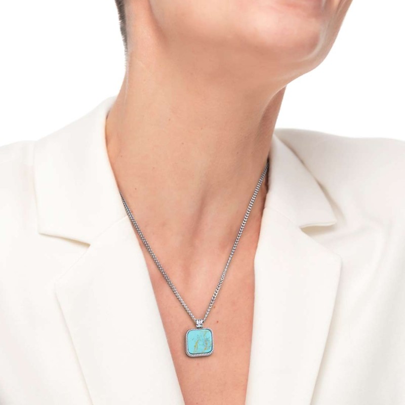 S.STEEL NECKLACE SQUARED TURQUOISE PENDANT S.steel necklace with grumetta chain 2,30 mm width and 1,30 thickness. Squared plate S.STEEL NECKLACE SQUARED TURQUOISE PENDANT S.steel necklace with grumetta chain 2,30 mm width and 1,30 thickness. Squared plate