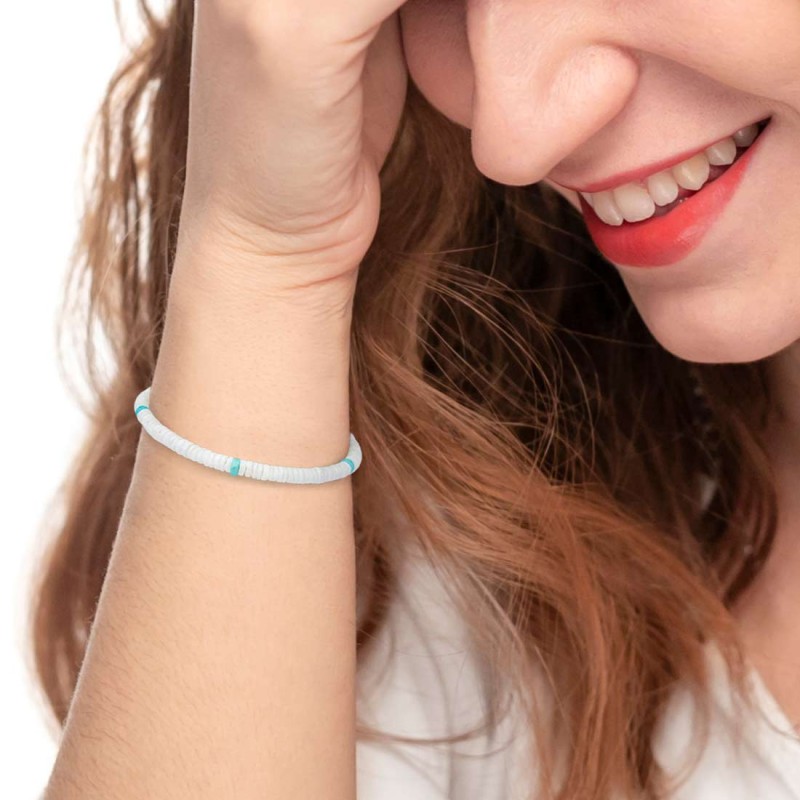 S.S. BR WHITE PUKA SHELL AND TURQU STONE S.steel bracelet box rounded chain 0,60 mm width with white puka shell beads 5,30/5,60