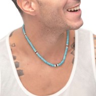 Collana con dischetti turchesi occhio di tigre e conchiglie bianche Collana con dischetti turchesi occhio di tigre e conchiglie bianche