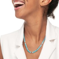 Collana con dischetti turchesi occhio di tigre e conchiglie bianche Collana con dischetti turchesi occhio di tigre e conchiglie bianche