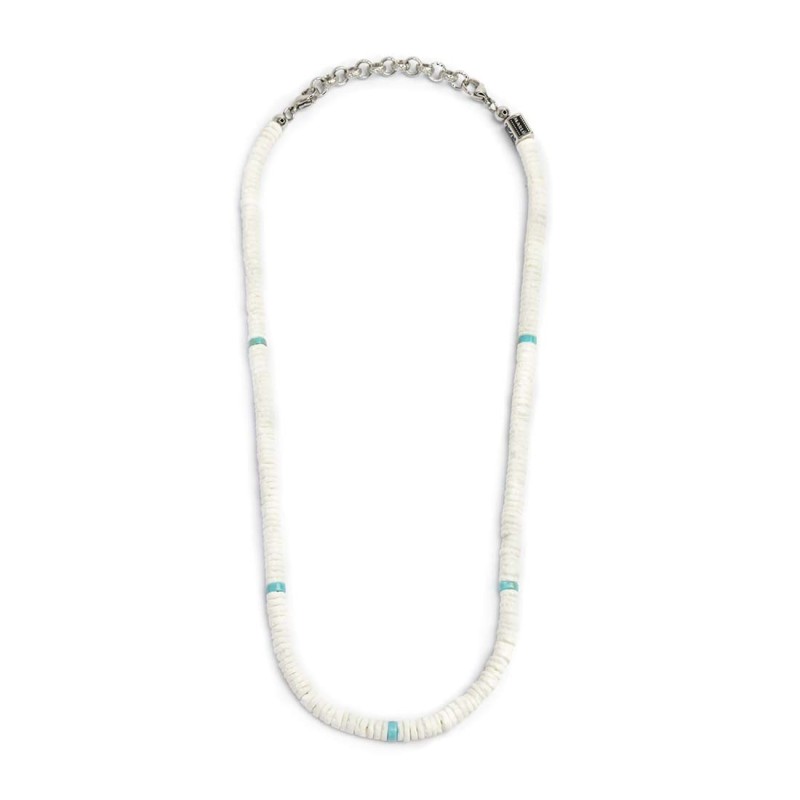 S.S. NECKLACE WHITE PUKA SHELL AND TURQU S.steel necklace box rounded chain 0,60 mm width with white puka shell beads 5,30/5,60