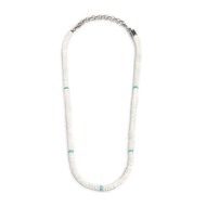 S.S. NECKLACE WHITE PUKA SHELL AND TURQU S.steel necklace box rounded chain 0,60 mm width with white puka shell beads 5,30/5,60