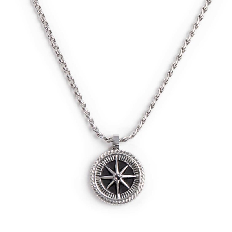 S.S. NECKLACE WITH TWISTED SERPENTINE CHAIN AND WIND ROSE PEND S.steel necklace with twisted round link serpentine chain 1,80 mm