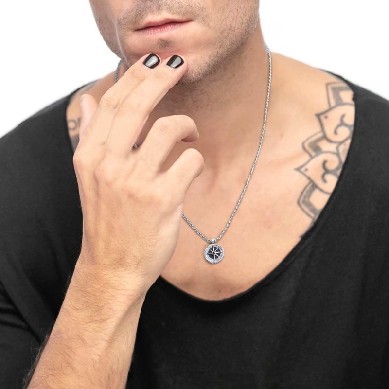 S.S. NECKLACE WITH TWISTED SERPENTINE CHAIN AND WIND ROSE PEND S.steel necklace with twisted round link serpentine chain 1,80 mm