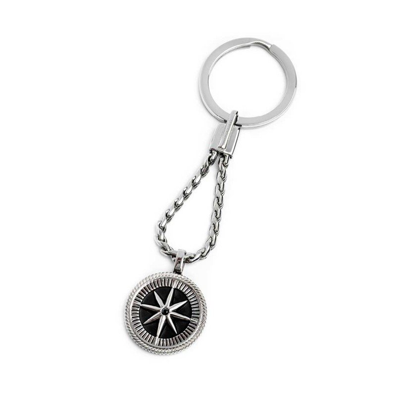 S.STEEL KEYRING WIND ROSE PENDANT S.steel keyring with twisted round link serpentine chain 3,10 mm thickness and pendant 24,30 m S.STEEL KEYRING WIND ROSE PENDANT S.steel keyring with twisted round link serpentine chain 3,10 mm thickness and pendant 24,30 m