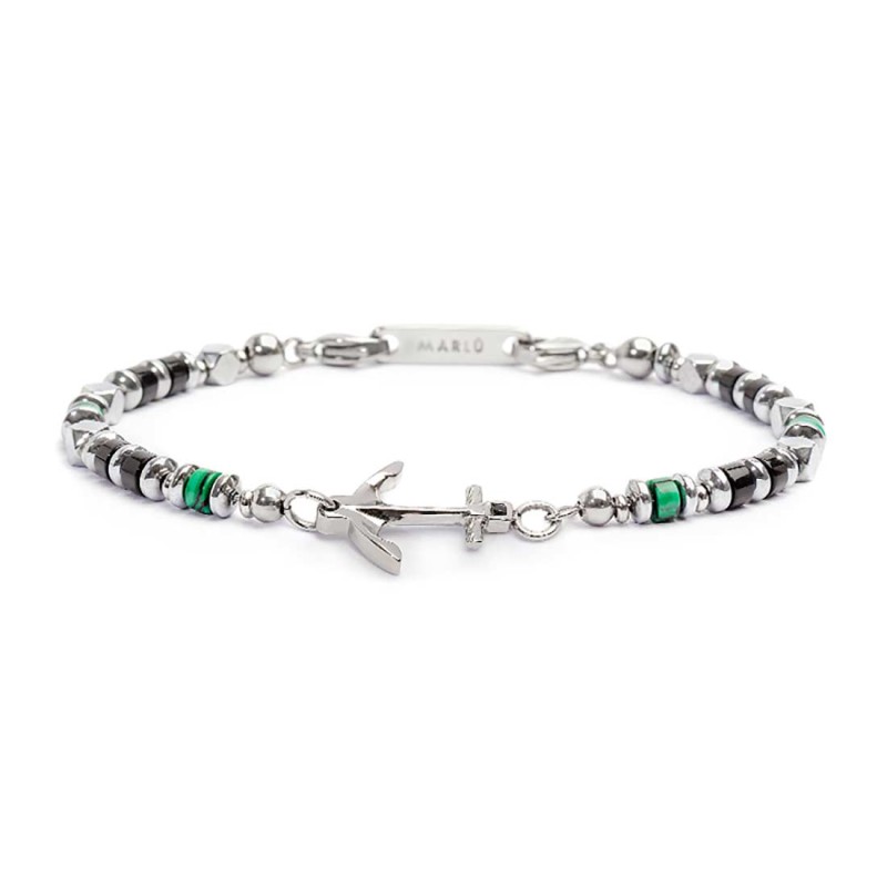 S.S BRACELET WITH ANCHOR MALACHITE BLACK ONYX AND HEMATITE S.steel bracelet alternated with malachite cylinder beads 4*2 mm, hem