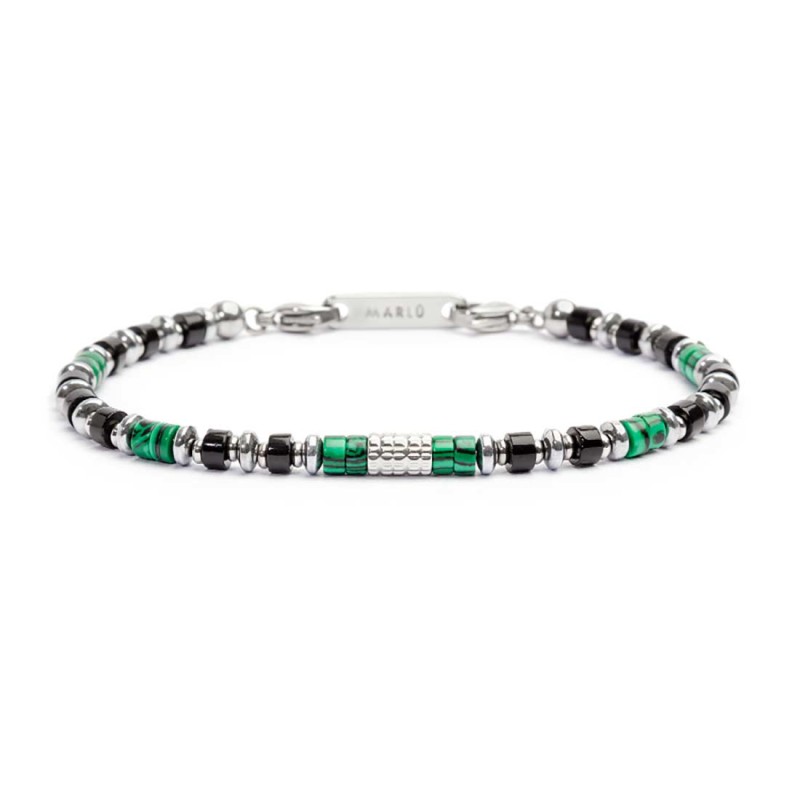 S.S BRACELET WITH MALACHITE BLACK ONYX AND HEMATITE S.steel bracelet alternated with two malachite cylinder beads 4*2 mm, hemati