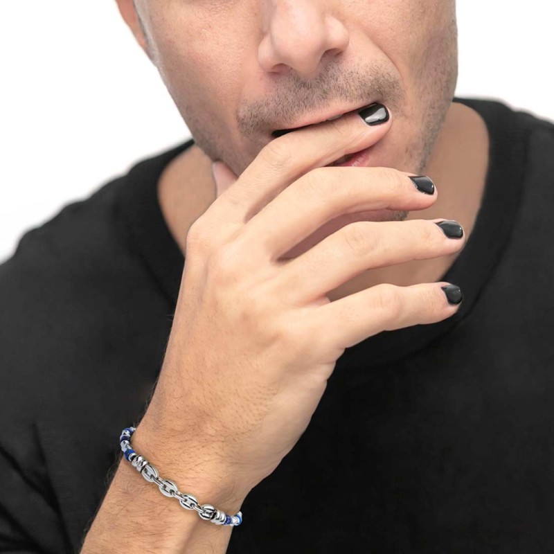 S.S BRACELET WITH SODALITE HEMATITE AND MARINE CHAIN S.steel bracelet alternated with s.steel rings 4 mm diameter, hematite chro S.S BRACELET WITH SODALITE HEMATITE AND MARINE CHAIN S.steel bracelet alternated with s.steel rings 4 mm diameter, hematite chro