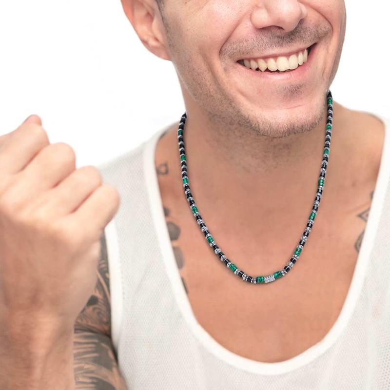 S.STEEL NECKLACE WITH MALACHITE BLACK ONYX AND HEMATITE S.steel necklace alternated with two malachite cylinder beads 4*2 mm, he S.STEEL NECKLACE WITH MALACHITE BLACK ONYX AND HEMATITE S.steel necklace alternated with two malachite cylinder beads 4*2 mm, he