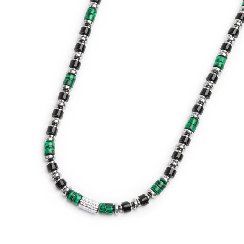 S.STEEL NECKLACE WITH MALACHITE BLACK ONYX AND HEMATITE S.steel necklace alternated with two malachite cylinder beads 4*2 mm, he