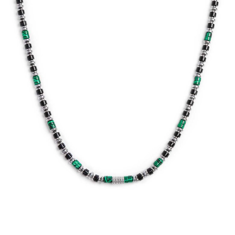 S.STEEL NECKLACE WITH MALACHITE BLACK ONYX AND HEMATITE S.steel necklace alternated with two malachite cylinder beads 4*2 mm, he