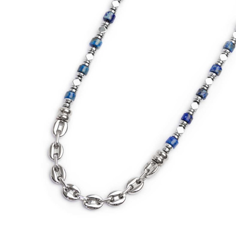 S.STEEL NECKLACE WITH SODALITE HEMATITE AND MARINE CHAIN S.steel necklace alternated with hematite with chrome ip beads 4,70*2,4