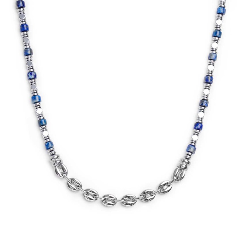 S.STEEL NECKLACE WITH SODALITE HEMATITE AND MARINE CHAIN S.steel necklace alternated with hematite with chrome ip beads 4,70*2,4