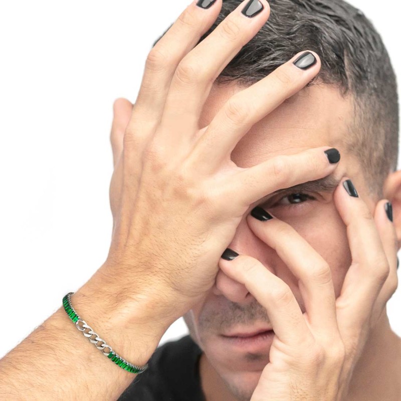 Bracciale tennis cristalli baguette con catena grumetta centrale Bracciale tennis cristalli baguette con catena grumetta centrale