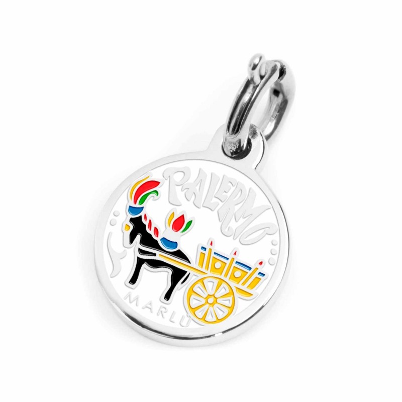 S.STEEL CHARM PALERMO S.steel round charm with Palermo city's symbols image, 14 mm diameter. On the front side lettering in blac S.STEEL CHARM PALERMO S.steel round charm with Palermo city's symbols image, 14 mm diameter. On the front side lettering in blac