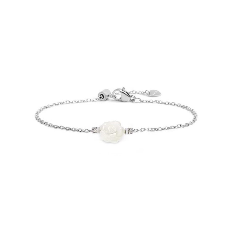 S.S. BR CROSS CHAIN WITH MOP ROSE SHAPE S.steel bracelet with cross chain 1,50 mm width. On the center mother of pearl rose shap S.S. BR CROSS CHAIN WITH MOP ROSE SHAPE S.steel bracelet with cross chain 1,50 mm width. On the center mother of pearl rose shap