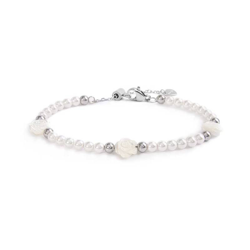 S.S. BR PEARL CHAIN WITH MOP ROSES SHAPE S.steel bracelet with white round pearls 4/4,30 mm diameter, alternated  with mother of S.S. BR PEARL CHAIN WITH MOP ROSES SHAPE S.steel bracelet with white round pearls 4/4,30 mm diameter, alternated  with mother of