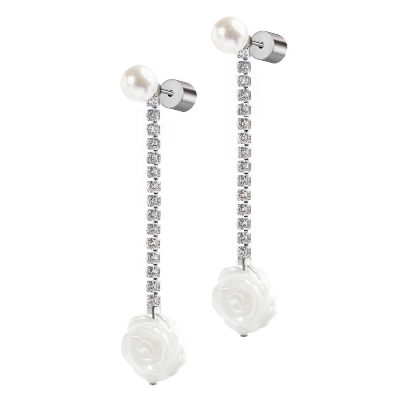 S.S. EARRINGS PAIR TENNIS CHAIN WITH MOP ROSE SHAPE PEND S.steel earrings pair with tennis chain with 2,10/2,20 mm white cz ston S.S. EARRINGS PAIR TENNIS CHAIN WITH MOP ROSE SHAPE PEND S.steel earrings pair with tennis chain with 2,10/2,20 mm white cz ston