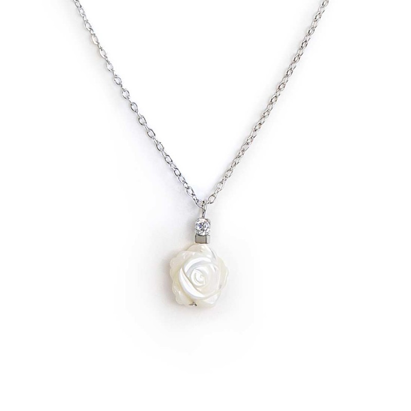 S.S. NECKLACE CROSS CHAIN WITH MOP ROSE SHAPE PEND S.steel necklace with cross chain 1,20 mm width. On the center pendant with m S.S. NECKLACE CROSS CHAIN WITH MOP ROSE SHAPE PEND S.steel necklace with cross chain 1,20 mm width. On the center pendant with m