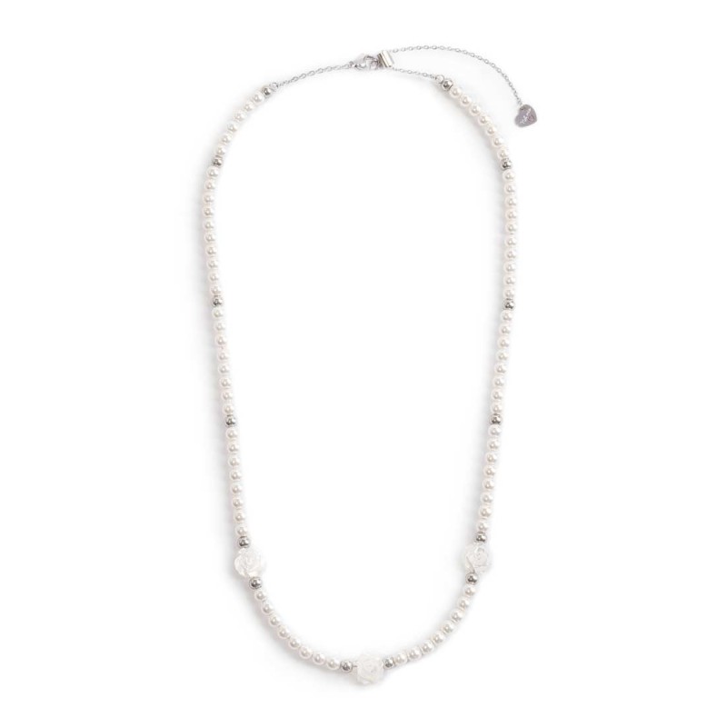 S.S. NECKLACE PEARL CHAIN WITH MOP ROSES SHAPE S.steel necklace with white round pearls 4/4,30 mm diameter, alternated  with pol S.S. NECKLACE PEARL CHAIN WITH MOP ROSES SHAPE S.steel necklace with white round pearls 4/4,30 mm diameter, alternated  with pol