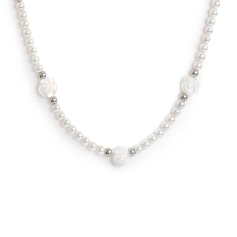 S.S. NECKLACE PEARL CHAIN WITH MOP ROSES SHAPE S.steel necklace with white round pearls 4/4,30 mm diameter, alternated  with pol S.S. NECKLACE PEARL CHAIN WITH MOP ROSES SHAPE S.steel necklace with white round pearls 4/4,30 mm diameter, alternated  with pol