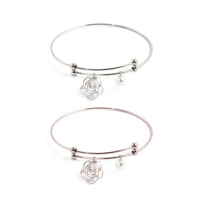 Bracciale rigido con rosa e perla pendente Bracciale rigido con rosa e perla pendente