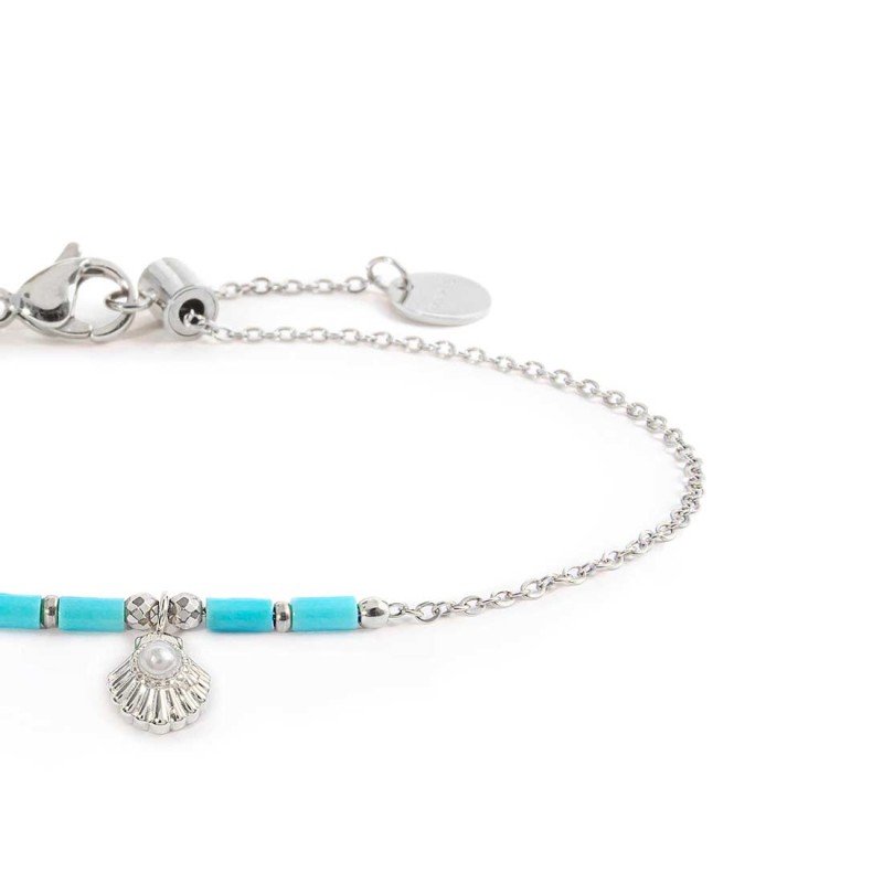 Bracciale conchiglia pendente con perla e perline a tubo turchesi