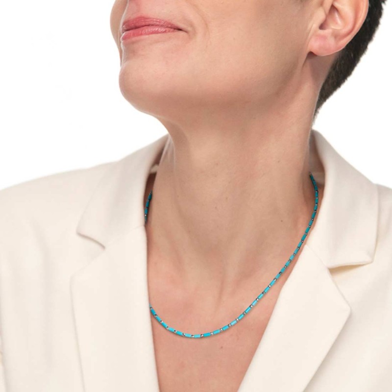 Collana con perline a tubo turchesi ed ematite