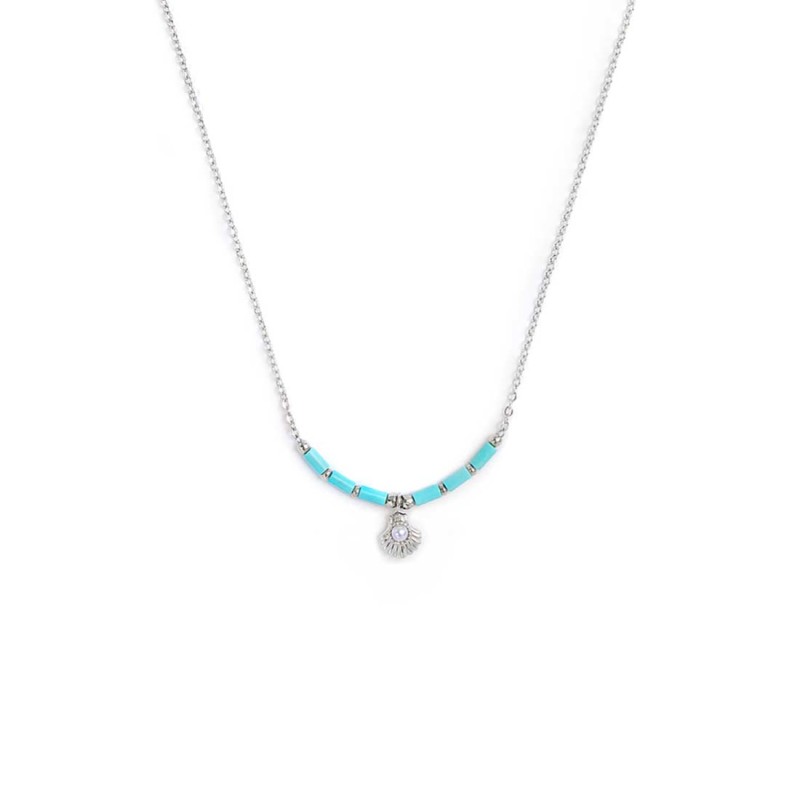 Collana conchiglia pendente con perla e perline a tubo turchesi Collana conchiglia pendente con perla e perline a tubo turchesi