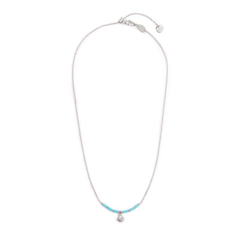 Collana conchiglia pendente con perla e perline a tubo turchesi Collana conchiglia pendente con perla e perline a tubo turchesi