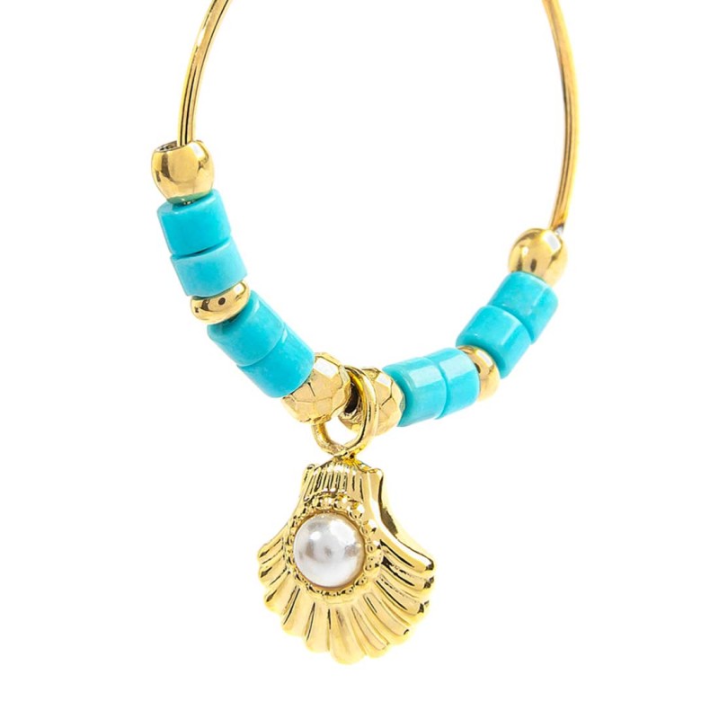 Orecchino a cerchio conchiglia con perla e perline turchesi