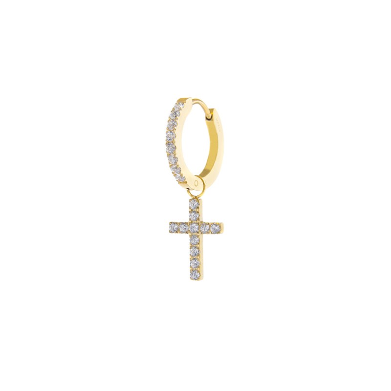 Orecchino a cerchio con zirconi con croce pendente con zirconi Orecchino a cerchio con zirconi con croce pendente con zirconi