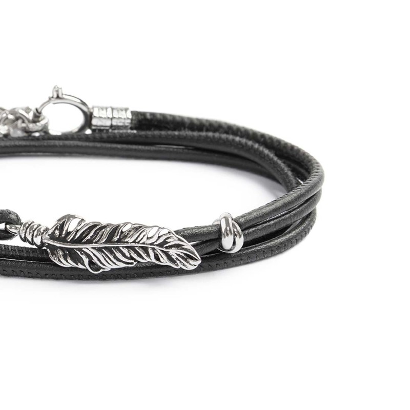 S.STEEL BR DOUBLE TURN WITH BLACK STROBEL AND FEATHER S.steel bracelet with black strobel 2 mm diameter, with s.steel with mat b