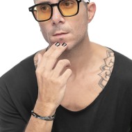 S.STEEL BR DOUBLE TURN WITH BLACK STROBEL AND FEATHER S.steel bracelet with black strobel 2 mm diameter, with s.steel with mat b