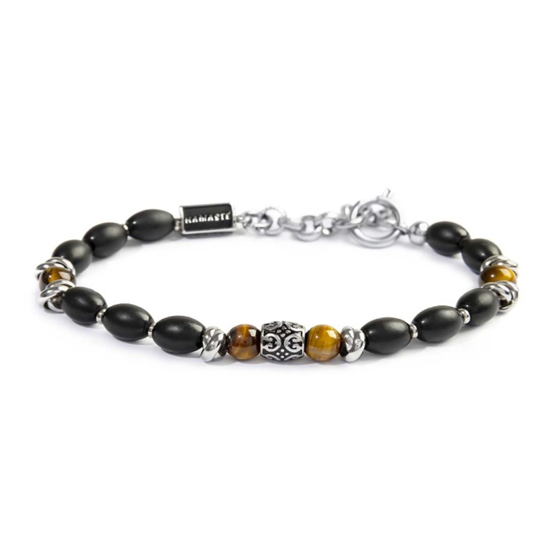 Bracciale con onice nera ovale e sfere occhio di tigre Bracciale con onice nera ovale e sfere occhio di tigre