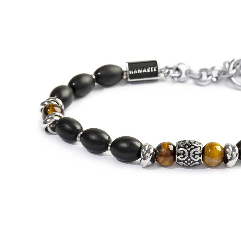 Bracciale con onice nera ovale e sfere occhio di tigre