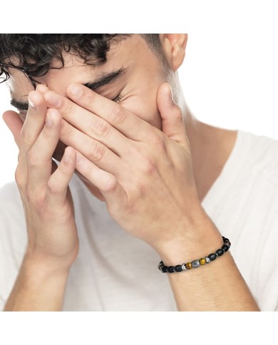Bracciale con onice nera ovale e sfere occhio di tigre