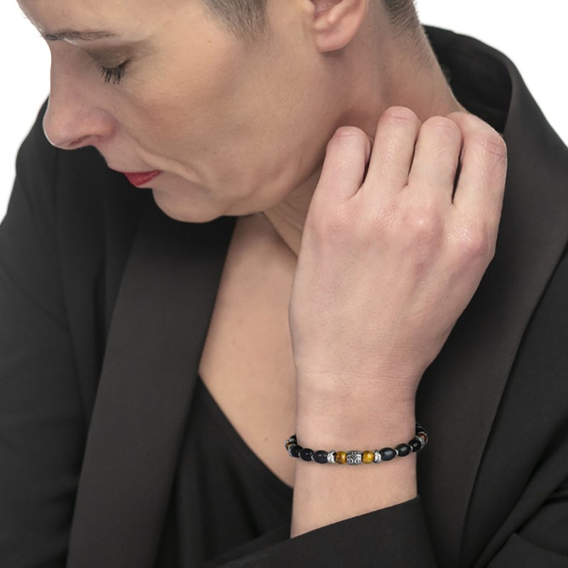 Bracciale con onice nera ovale e sfere occhio di tigre
