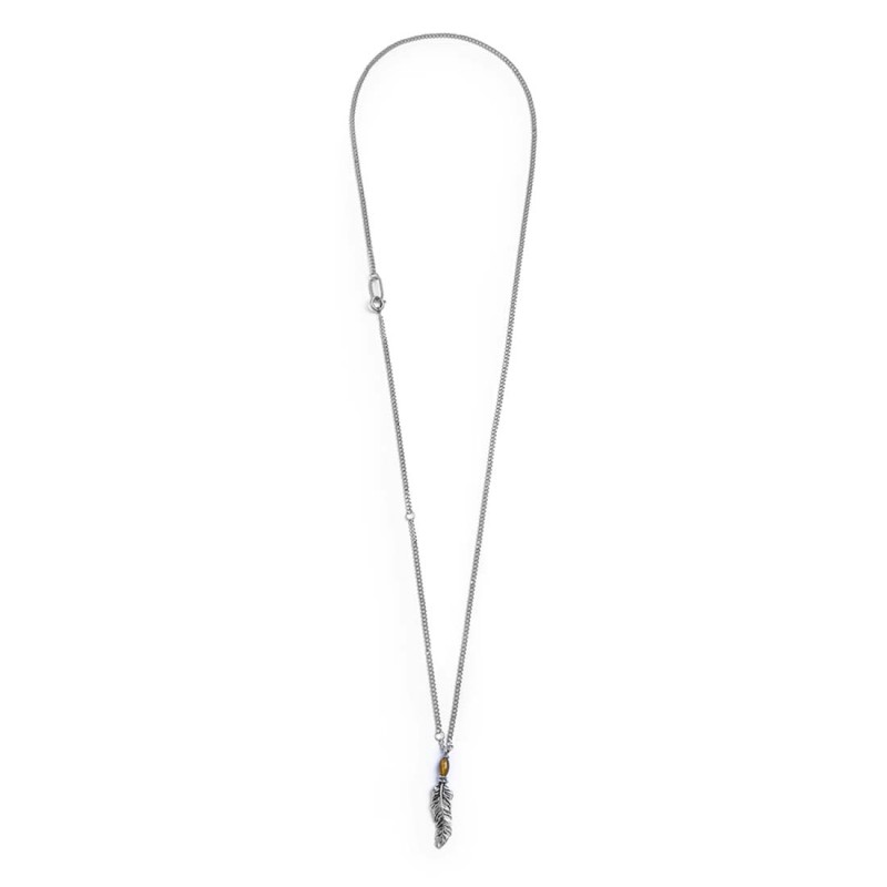 S.STEEL NECKLACE GRUMETTA CHAIN WITH FEATHER PENDANT S.steel necklace with grumetta chain 2,20 mm width and 1 mm thickness. S.st