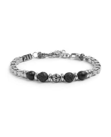 Bracciale catena box con trama con sfere in onice nera e pietra lavica