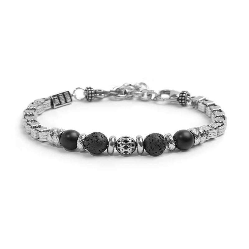 S.STEEL BR TEX.BOX ROUNDED CHAIN WITH ONYX AND LAVA STONE S.Steel bracelet with textured box rounded chain 5,50 mm width. In the S.STEEL BR TEX.BOX ROUNDED CHAIN WITH ONYX AND LAVA STONE S.Steel bracelet with textured box rounded chain 5,50 mm width. In the