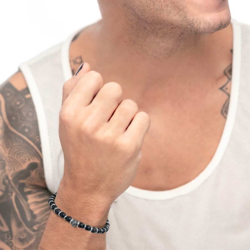 S.STEEL BR WITH ONYX AND LAVA STONE SPHERE S.Steel bracelet with alternated polished s.steel ring with texture 2*6 mm, mat black S.STEEL BR WITH ONYX AND LAVA STONE SPHERE S.Steel bracelet with alternated polished s.steel ring with texture 2*6 mm, mat black