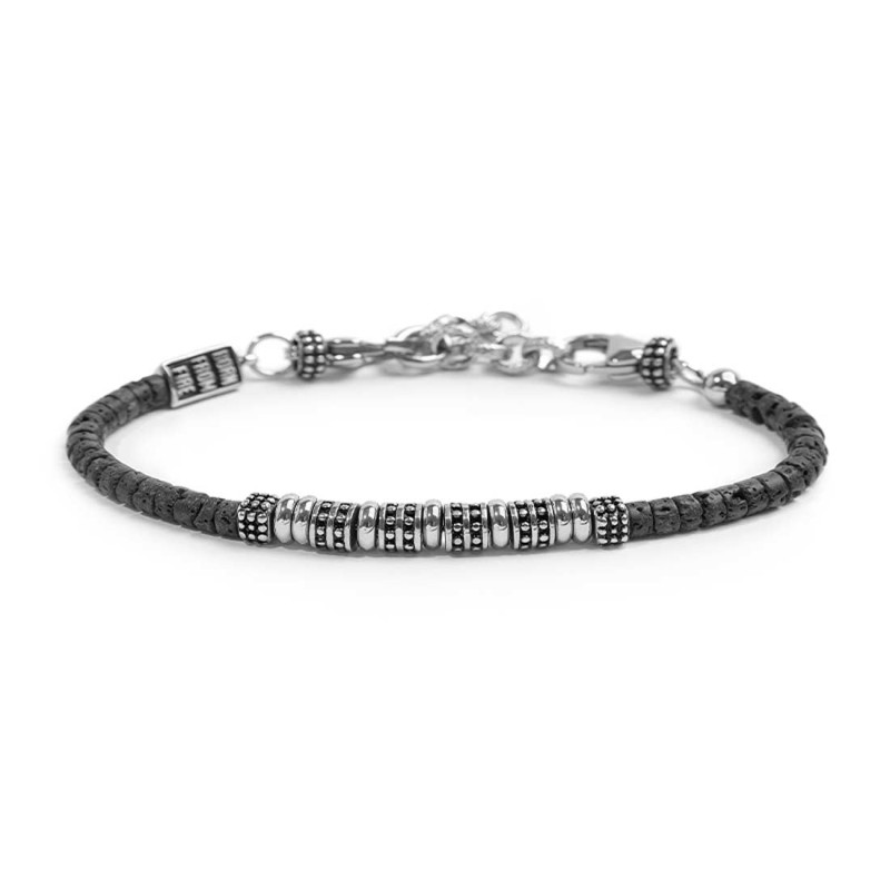 Bracciale con dischetti di pietra lavica e anellini in acciaio centrali Bracciale con dischetti di pietra lavica e anellini in acciaio centrali
