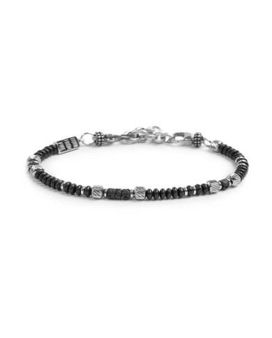 Bracciale con dischetti di onice nera e pietra lavica e anellini in acciaio