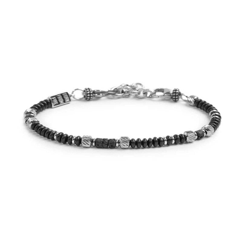 Bracciale con dischetti di onice nera e pietra lavica e anellini in acciaio Bracciale con dischetti di onice nera e pietra lavica e anellini in acciaio