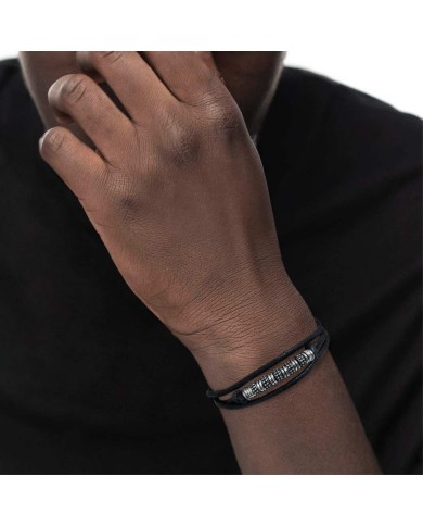 Bracciale a doppio giro con cordino strobel elementi acciaio con trama