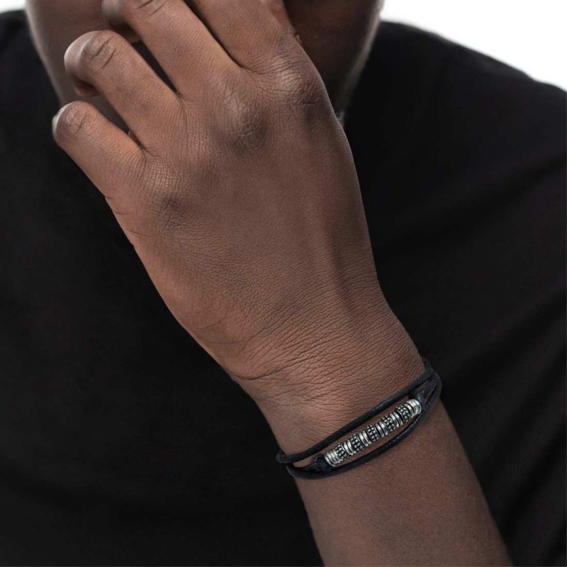 Bracciale a doppio giro con cordino strobel elementi acciaio con trama Bracciale a doppio giro con cordino strobel elementi acciaio con trama