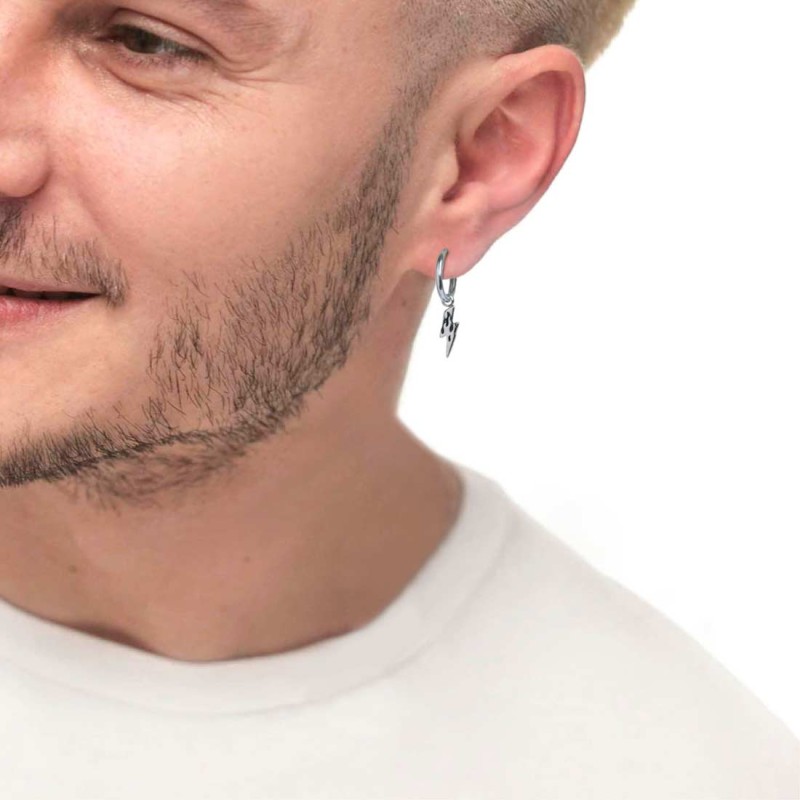S.S SINGLE ROUND EAR WITH THUNDER PENDANT S.steel single round earring 16,20 mm diameter 2 mm thickness, Marlù lasered logo on S.S SINGLE ROUND EAR WITH THUNDER PENDANT S.steel single round earring 16,20 mm diameter 2 mm thickness, Marlù lasered logo on
