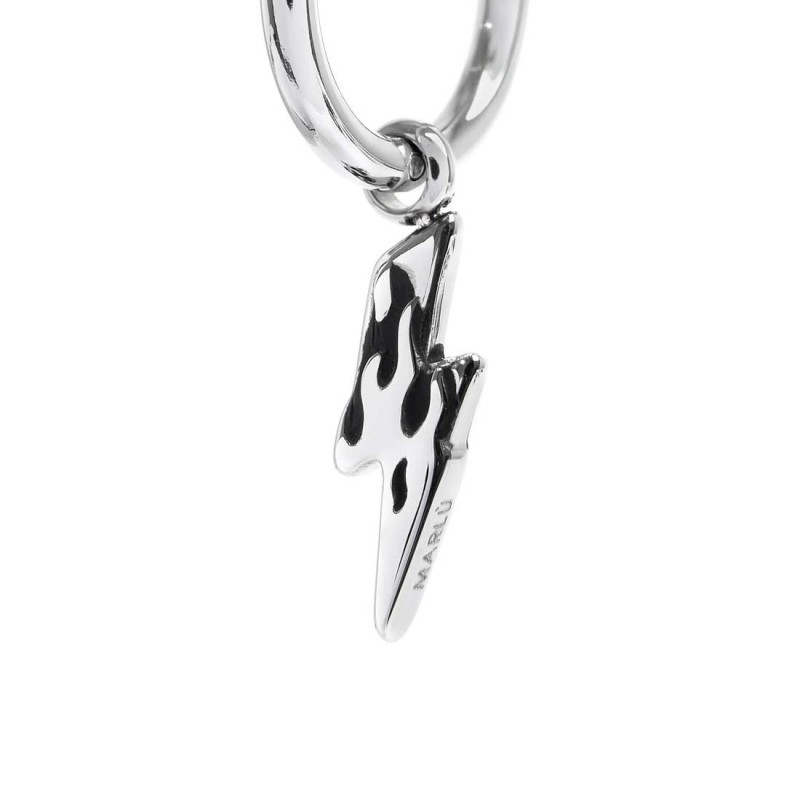 S.S SINGLE ROUND EAR WITH THUNDER PENDANT S.steel single round earring 16,20 mm diameter 2 mm thickness, Marlù lasered logo on S.S SINGLE ROUND EAR WITH THUNDER PENDANT S.steel single round earring 16,20 mm diameter 2 mm thickness, Marlù lasered logo on